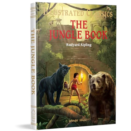Book cover for The Jungle Book featuring Mowgli, a black panther, and a bear.
