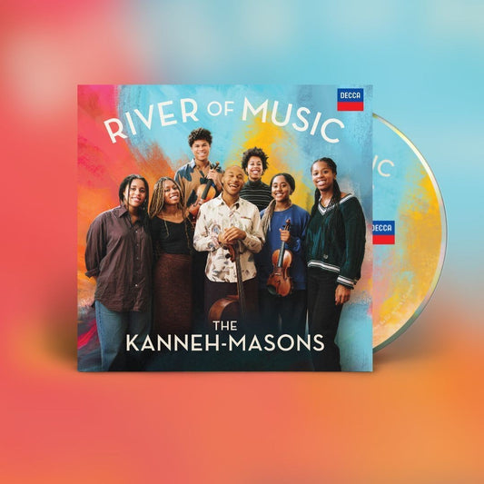 The Kanneh-Masons posing together on a colorful album cover with a visible CD disc.