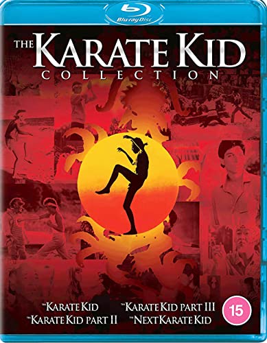 Blu-ray cover for "The Karate Kid" collection, featuring a silhouette mid-kick.