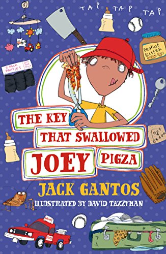 Book cover with a boy, pizza, and scattered childhood objects.