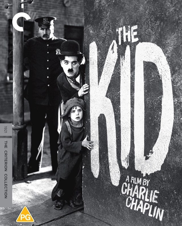 Charlie Chaplin and a young boy peek around a wall in this black-and-white poster.