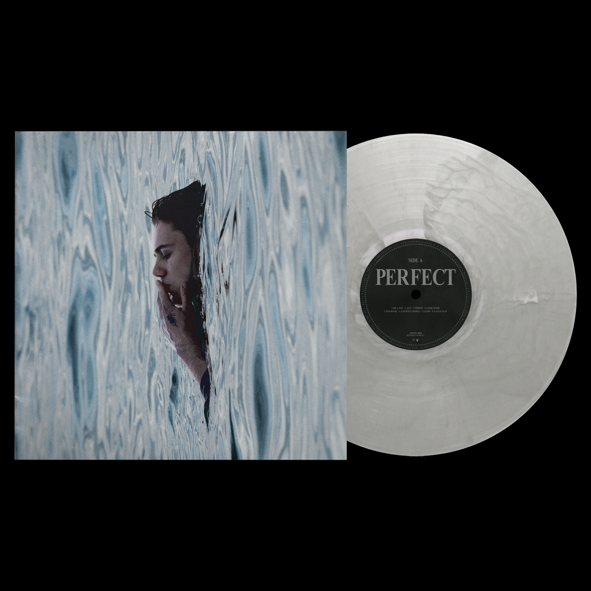 The Kid Laroi vinyl record with blue wavy cover and white disc.