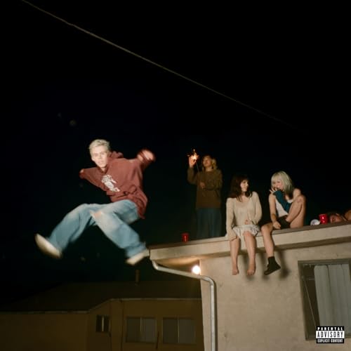 A person jumps in the air while others sit on a roof at night.