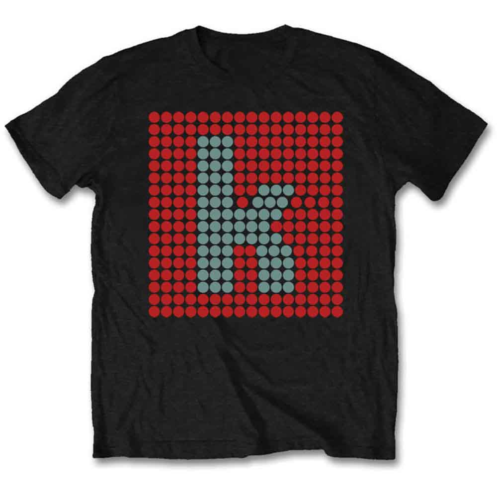 Black t-shirt with a red and teal dotted "K" design on the chest.