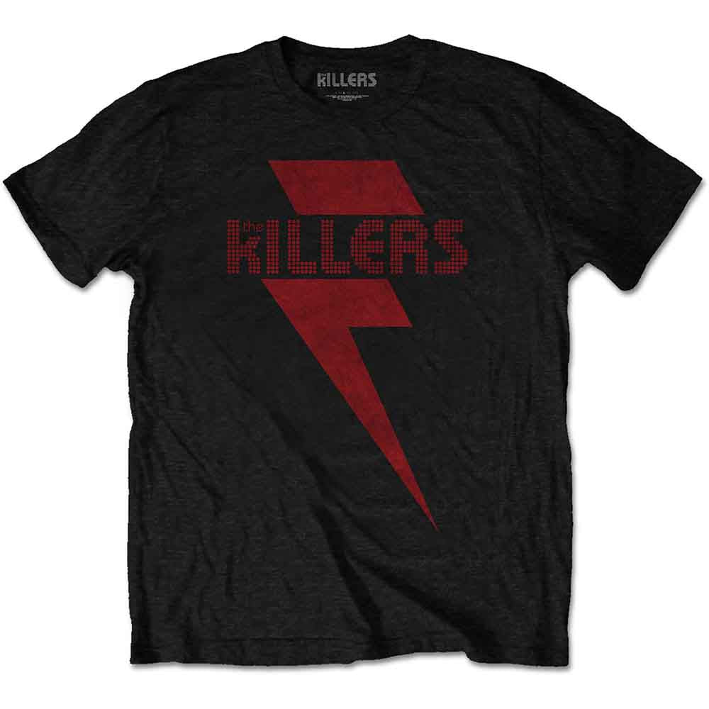 Black t-shirt with red lightning bolt and “KILLERS” text on the chest.