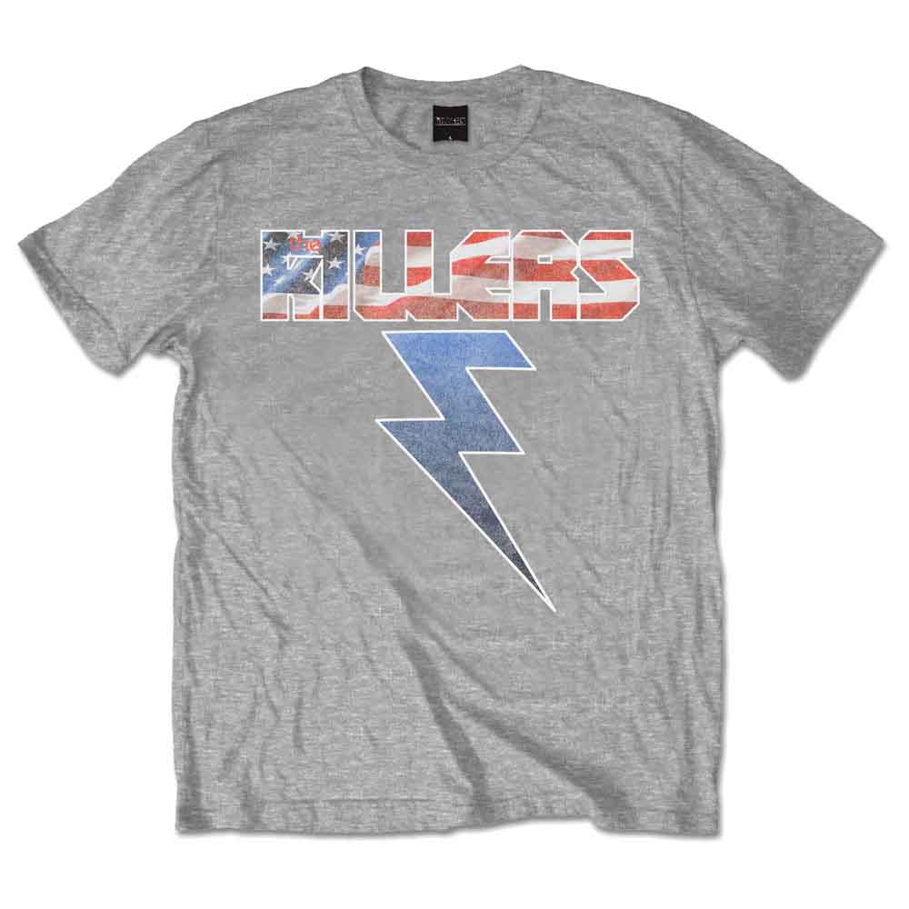 Grey t-shirt with "The Killers" graphic featuring a lightning bolt and flag.