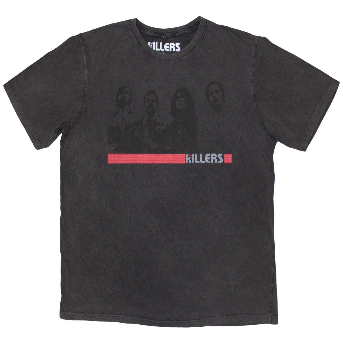 Gray, stone-wash t-shirt with a black and white photo of The Killers band.