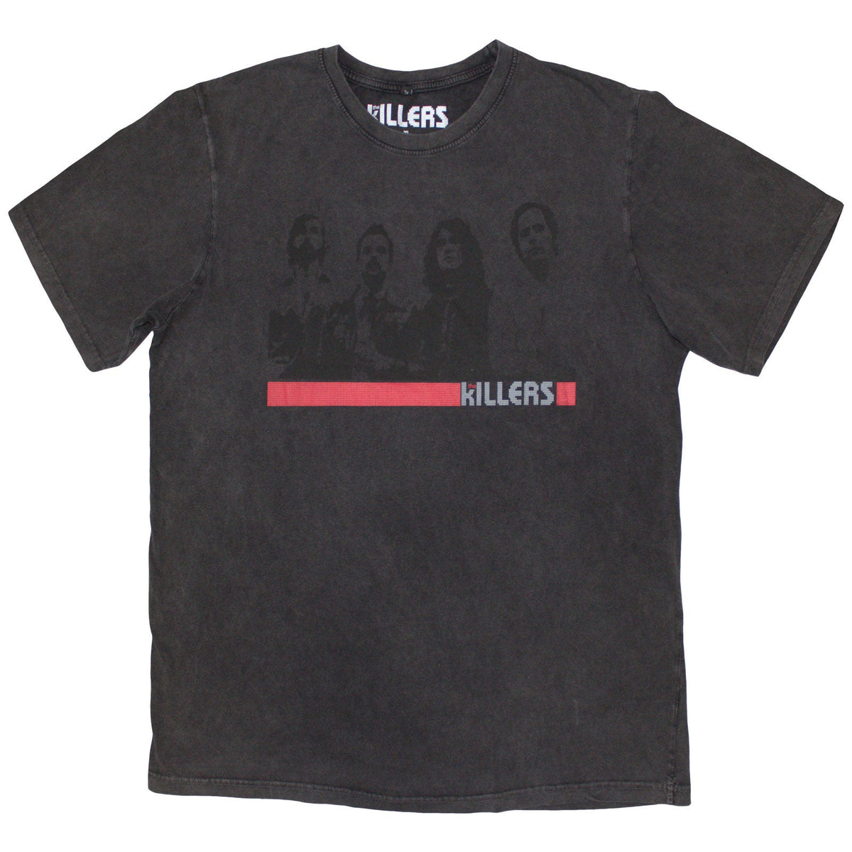 Gray, stone-wash t-shirt with a black and white photo of The Killers band.