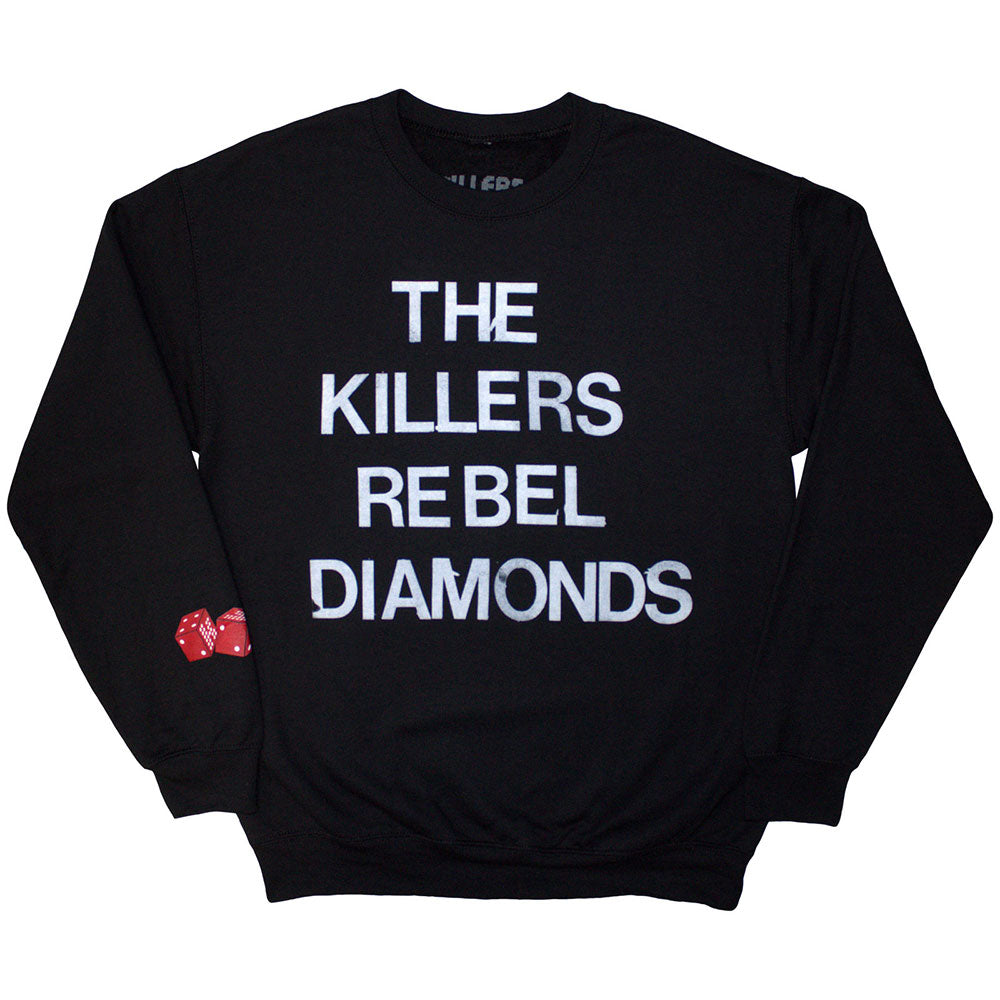Black unisex sweatshirt featuring The Killers Rebel Diamonds tour graphic in a stacked design.