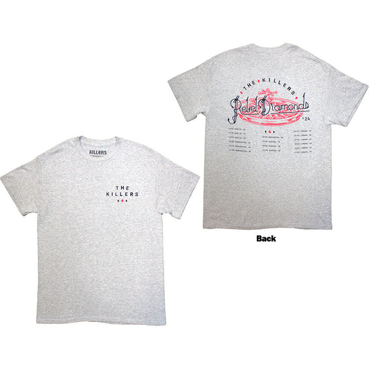 Grey t-shirt with The Killers’ ‘Tour ‘24’ roulette wheel design on the back.