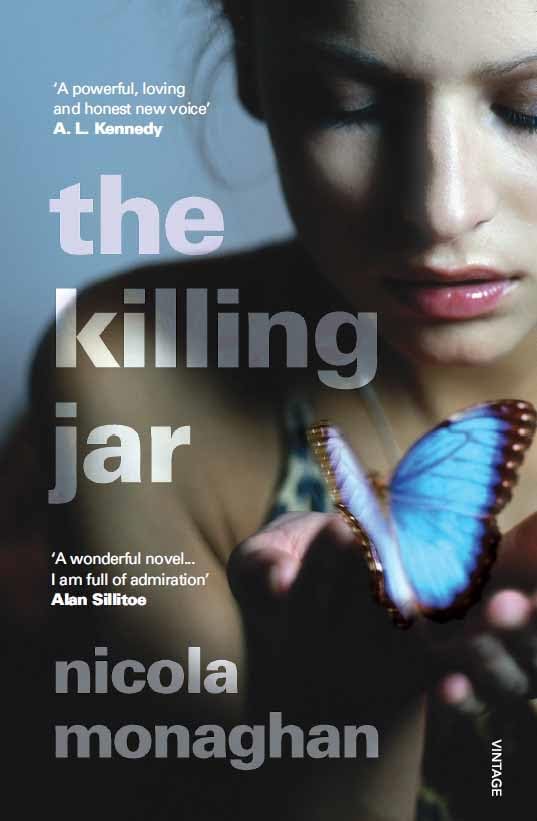 Book cover: woman holding a blue butterfly, titled “The Killing Jar.”