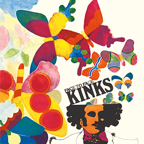 Album cover for The Kinks’ “Face to Face” featuring colorful butterflies and faces.