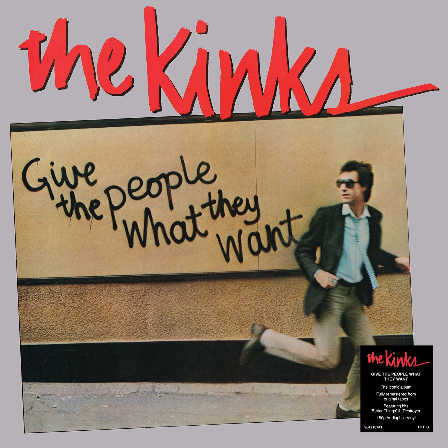 The Kinks album cover: a man running, red text on a beige background.