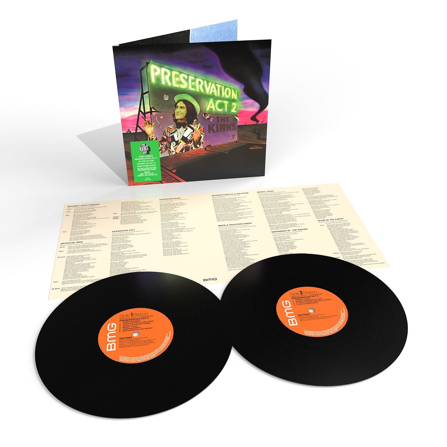"The Kinks Preservation Act 2 vinyl record with cover, lyrics sheet, and two black discs."