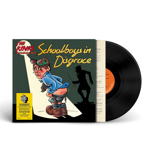 "Vinyl record with cover art featuring a cartoon boy being caned, titled 'Schoolboys in Disgrace'."