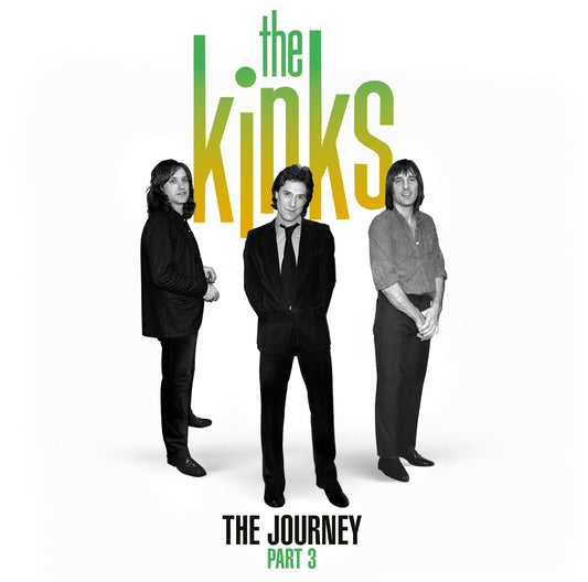 Black and white photo of The Kinks band members with green text.