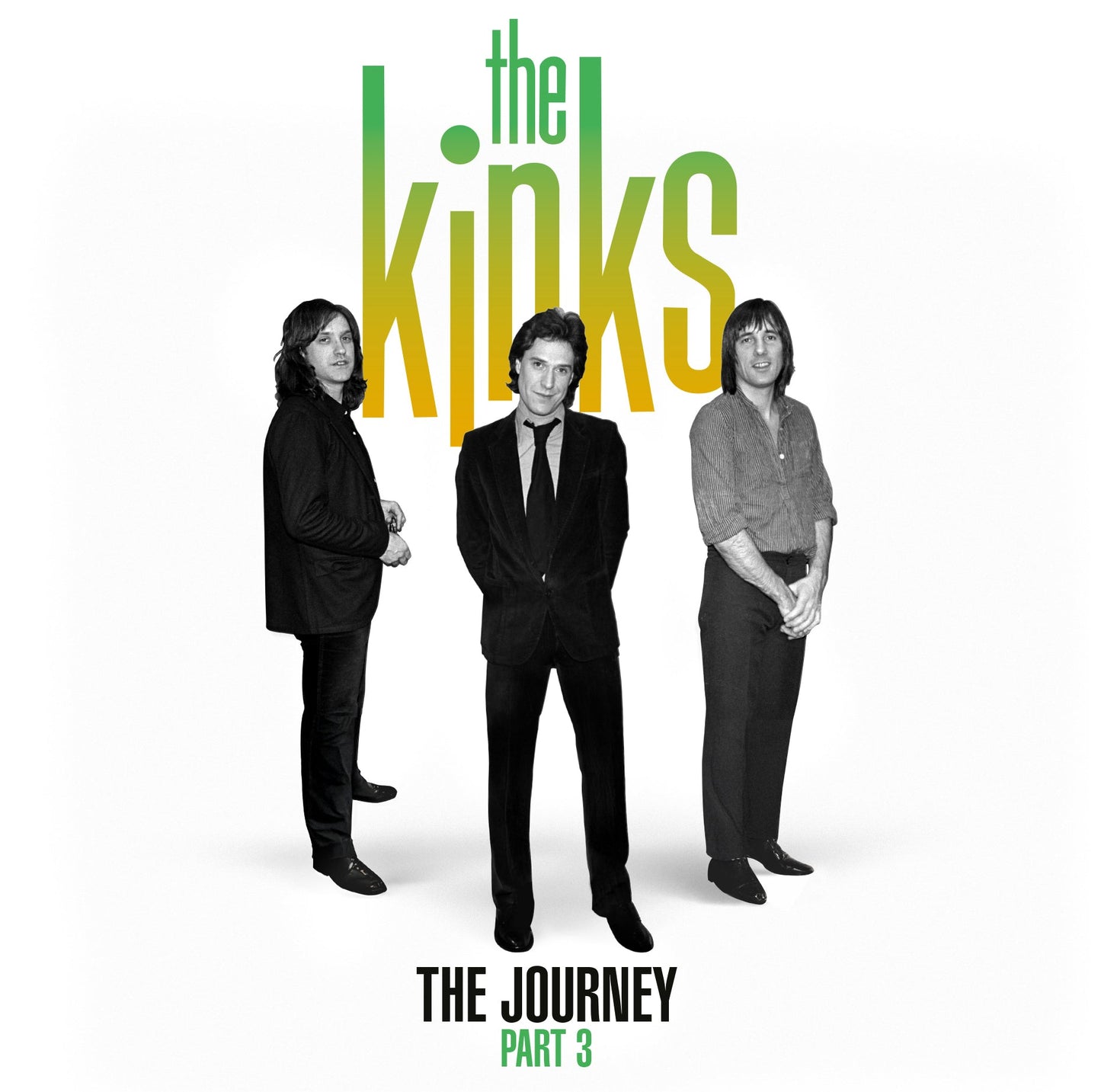 Three black and white portraits of The Kinks members against a white background.