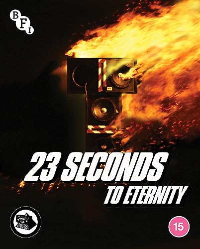 Stack of speakers engulfed in flames with the title 23 Seconds To Eternity.