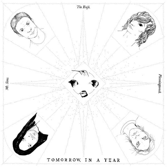 Black and white album cover with four sketched faces and radiating lines.