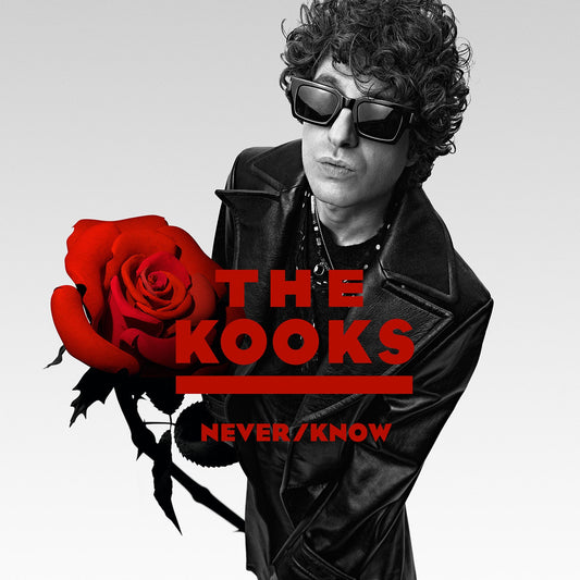 A white vinyl record in a square sleeve featuring The Kooks Never/Know branding.