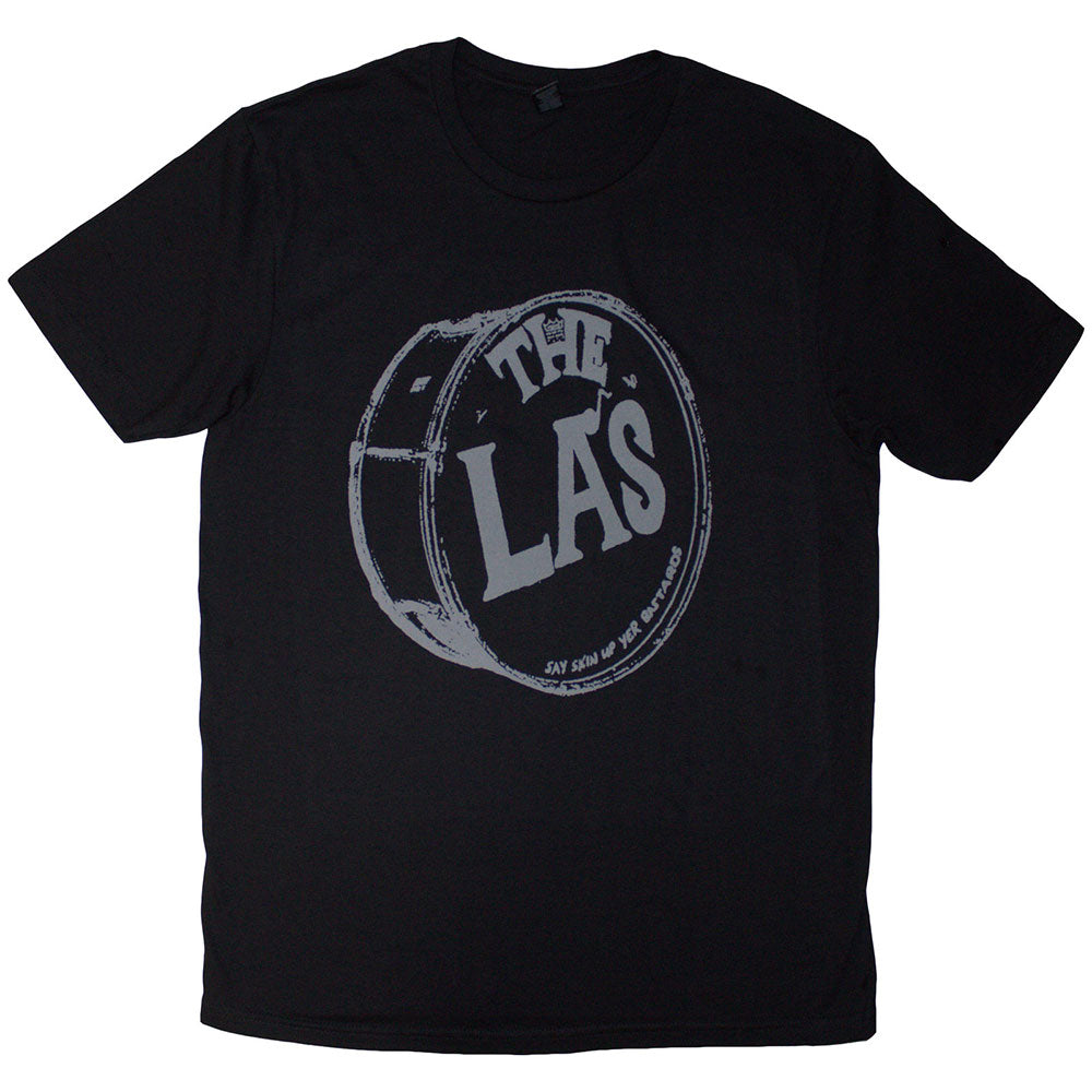 Black unisex t-shirt with a grey drum head logo, size small.
