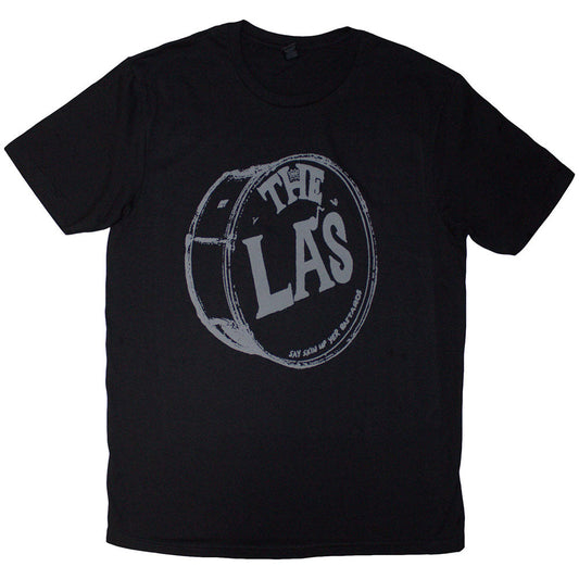 Black unisex t-shirt with a grey drum head logo, size small.