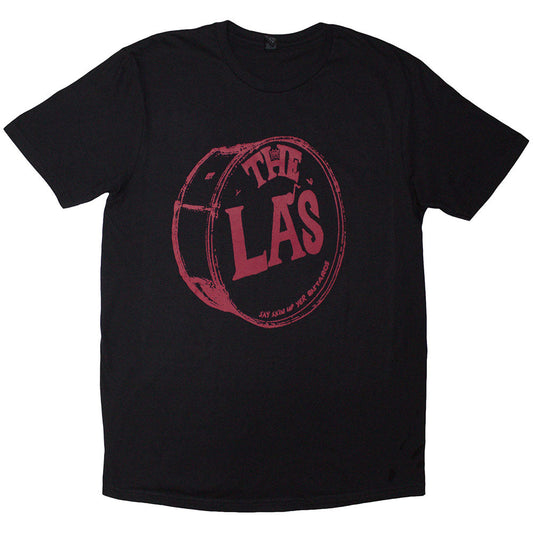 Black t-shirt with a red drum head logo, size medium.