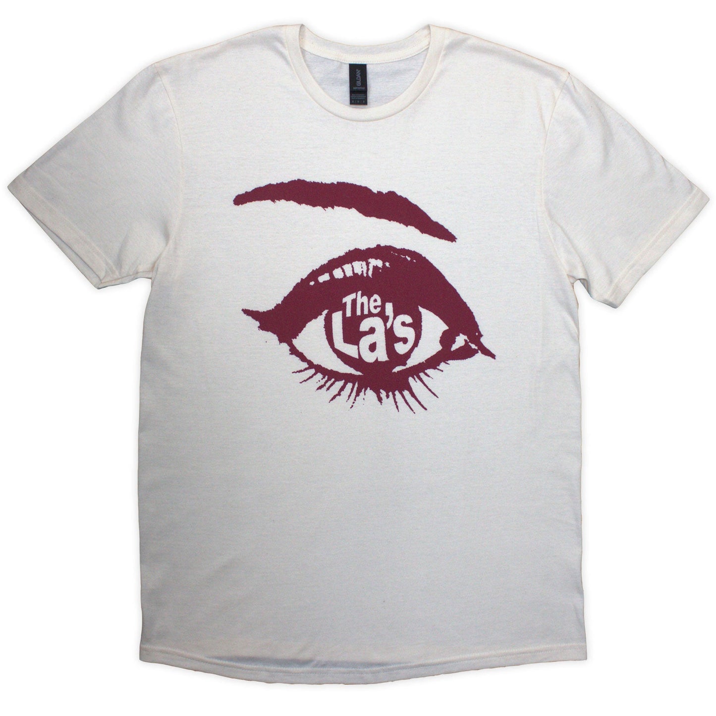 Natural-colored t-shirt with a large, red eye graphic; unisex, small size.