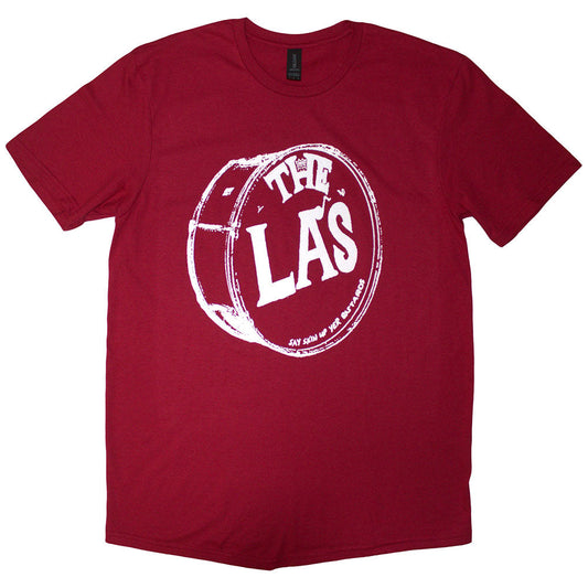 White unisex t-shirt with a red drum head logo, size X-Large.