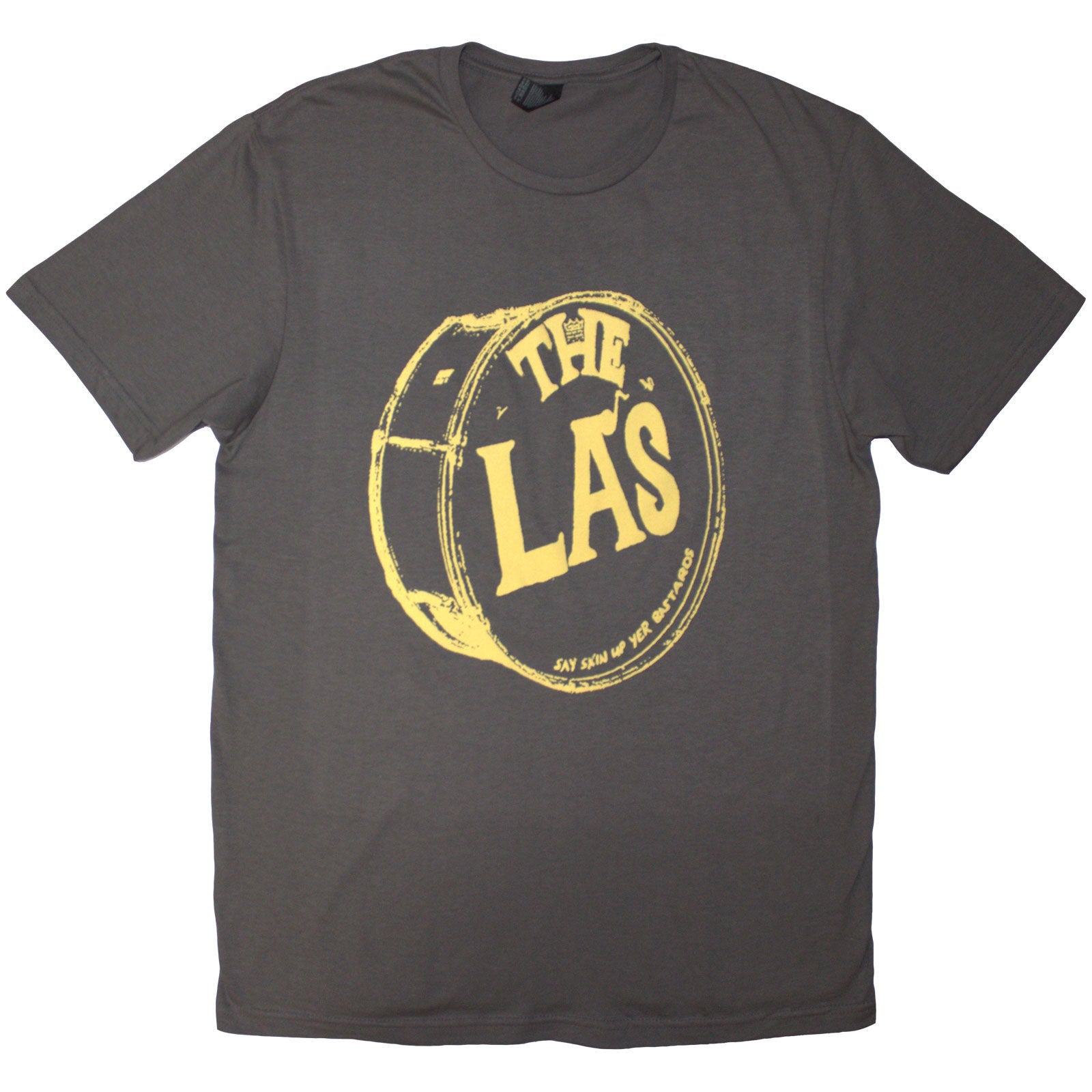 Charcoal grey unisex t-shirt with a yellow drum head logo, size X-Large.