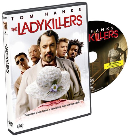 DVD cover of The Ladykillers featuring Tom Hanks and cast members behind a woman.
