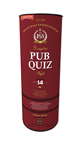Red cylindrical pub quiz game container with gold lettering.
