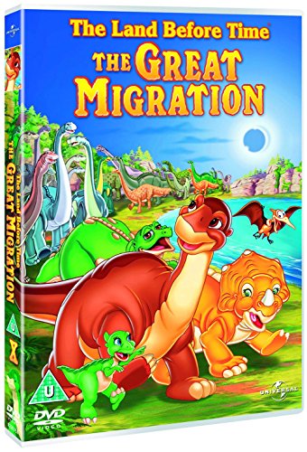 DVD cover art for The Land Before Time: The Great Migration featuring cartoon dinosaurs.