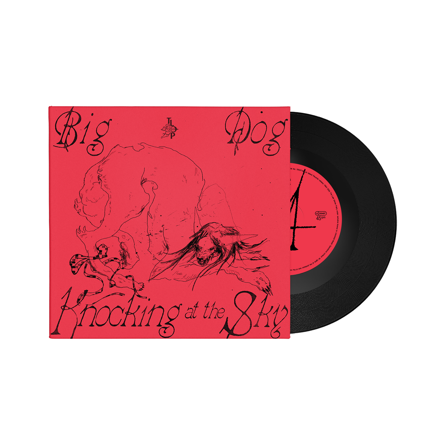 Vinyl record with red cover featuring sketched dogs and text.