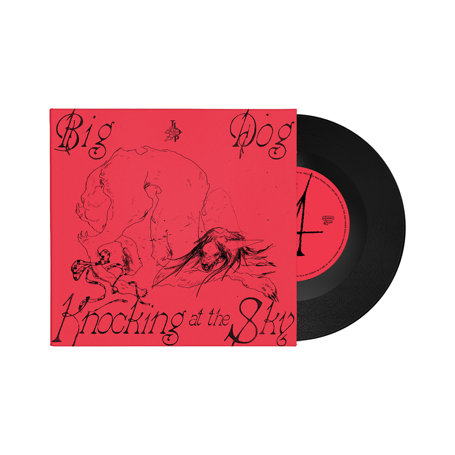 Vinyl record with red cover featuring sketched dogs and text.