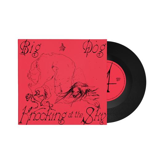 Vinyl record with red cover featuring sketched dogs and text.