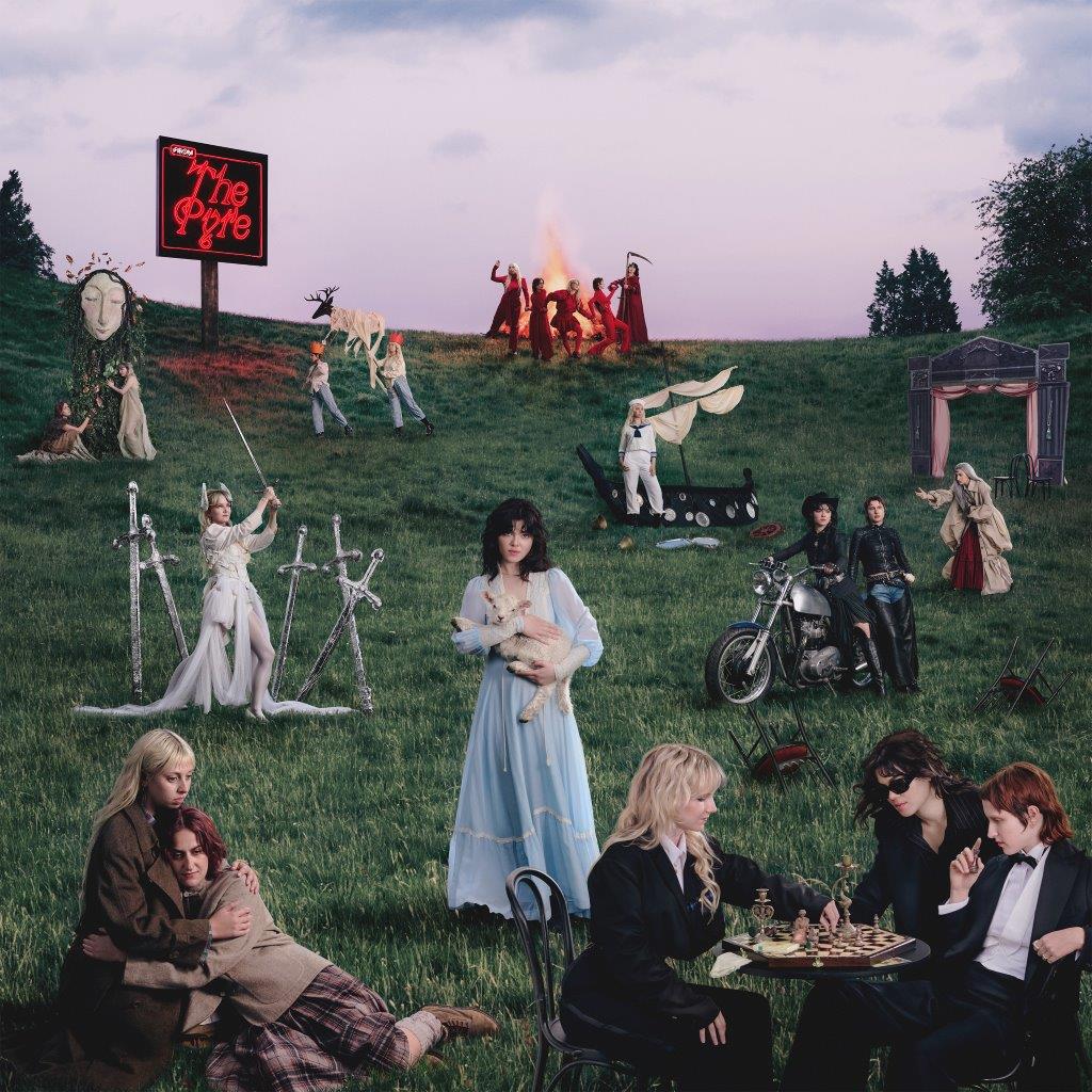 Album cover: surreal landscape with figures, a bonfire, and neon sign.