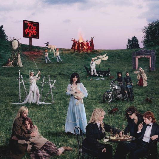 Album cover: surreal landscape with figures, a bonfire, and neon sign.