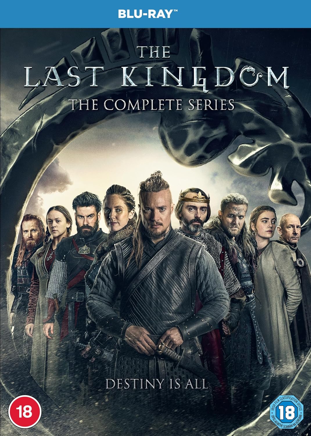 Blu-ray cover art for The Last Kingdom featuring the cast under a large helmet.