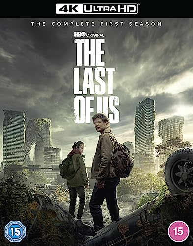 Blu-ray cover for "The Last of Us" featuring characters in a ruined city.