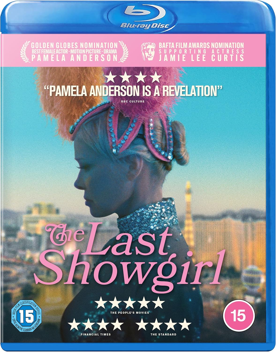 Blu-ray cover for "The Last Showgirl" featuring Pamela Anderson in costume.
