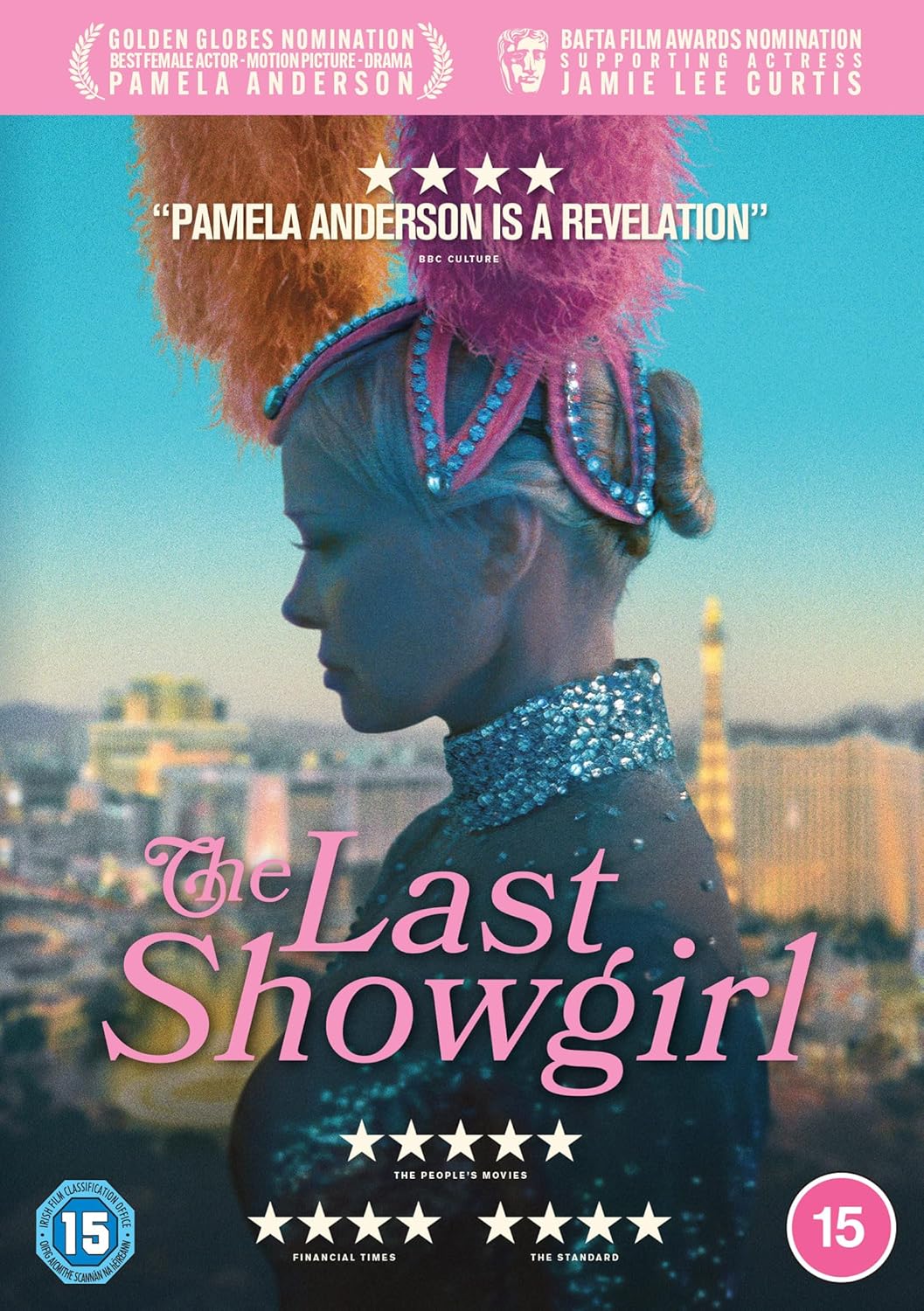 DVD cover for "The Last Showgirl" featuring Pamela Anderson in a feathered dress.