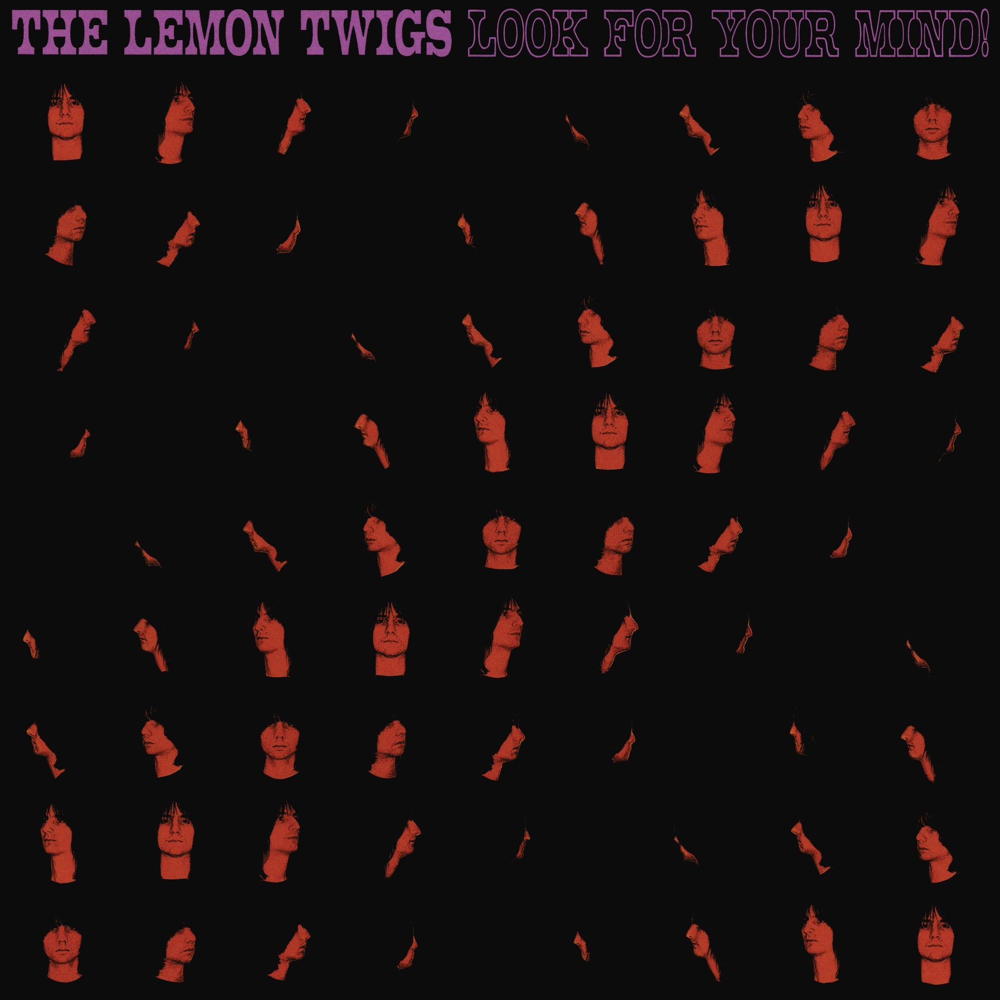 Album cover featuring many small red portraits of a person on a black background.