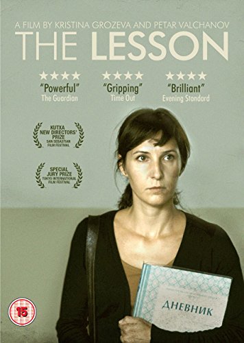 A woman in a black shirt holds a book on The Lesson DVD cover.
