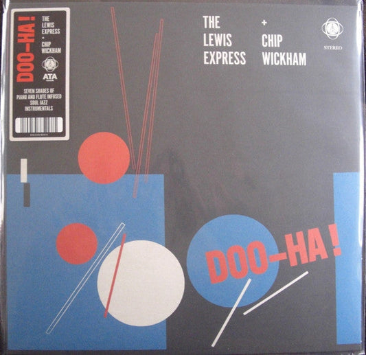 Vinyl record cover featuring geometric shapes, red and blue circles, and abstract lines.