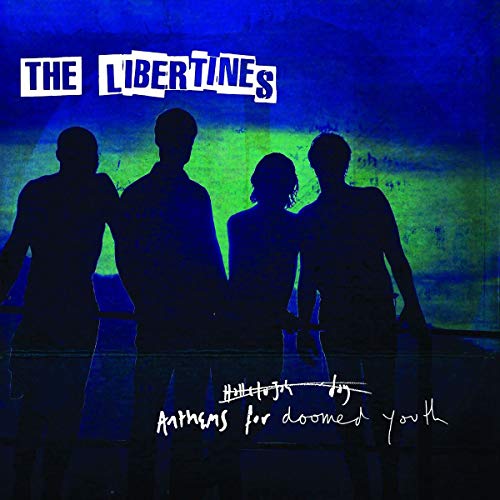 Silhouettes of four people against a blue and green background with band and album text.