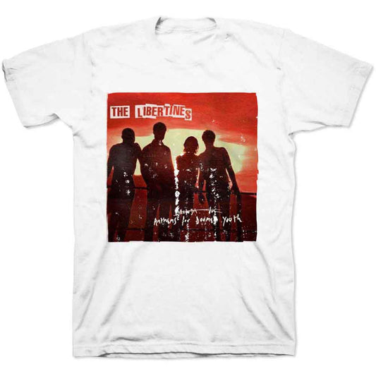 White t-shirt with red album art featuring silhouettes of people.