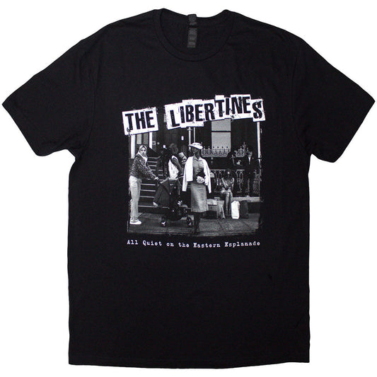 Black t-shirt featuring a black and white album cover image for The Libertines’ “AQOTEE”.