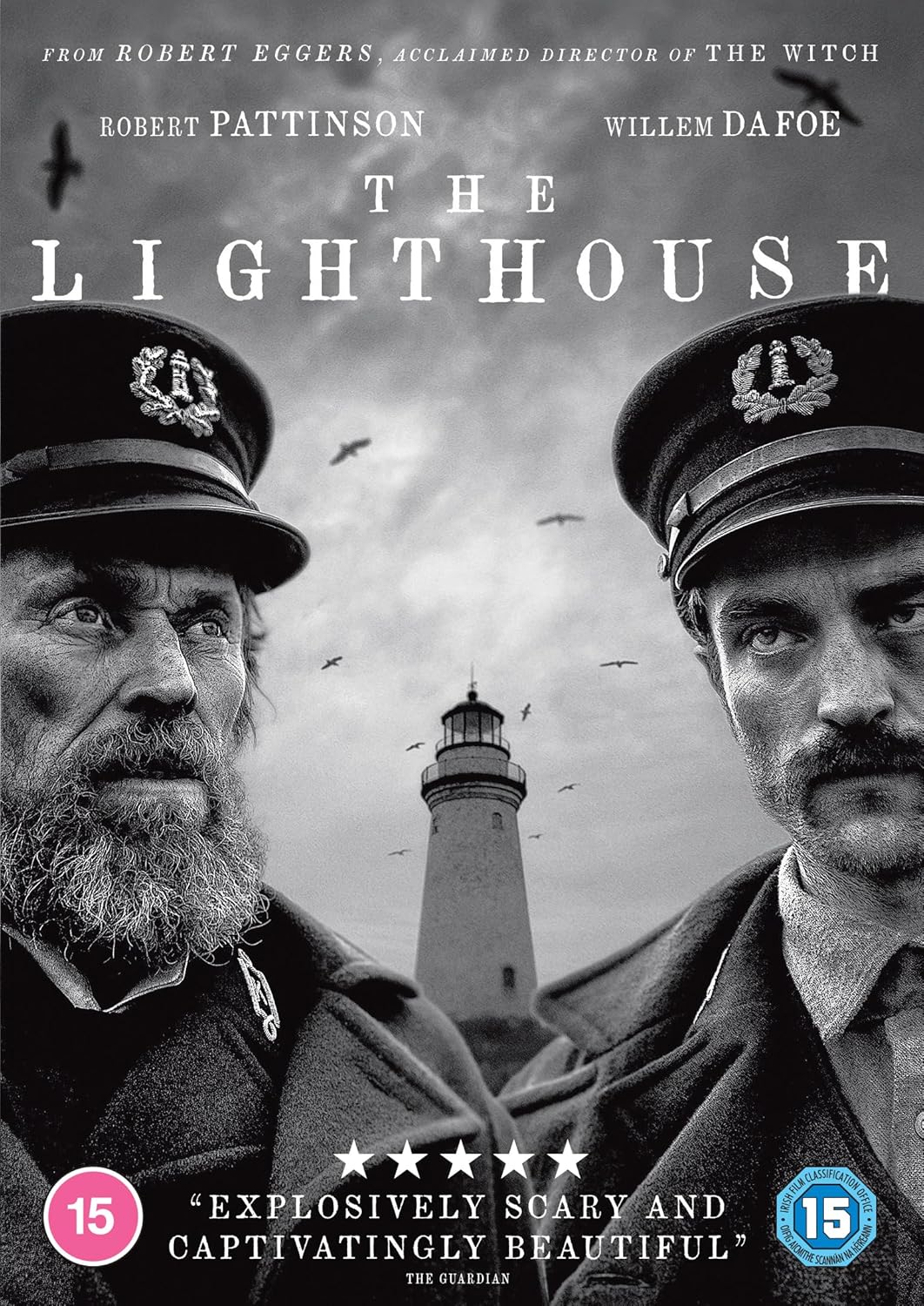 Black and white DVD cover for "The Lighthouse" featuring two men and a lighthouse.
