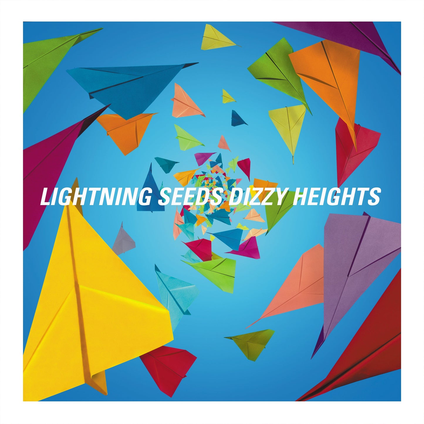 Album cover for The Lightning Seeds’ “Dizzy Heights” featuring paper airplanes.